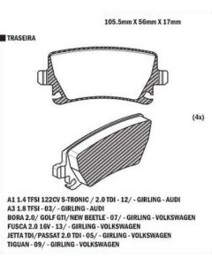 PASTILLA DE FRENO TRASERA GOLF MK5 07/ PASSAT 05/ SAVEIRO CROSS 15/ TIGUAN 09/ AUDI A112/ A3 08/ A4 09