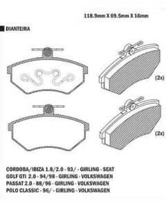 VW. PASTILLA DE FRENO GOLF GTI 94/98 - GOLF GL 95/ - POLO CLASSIC 96/ (SISTEMA GIRLING)